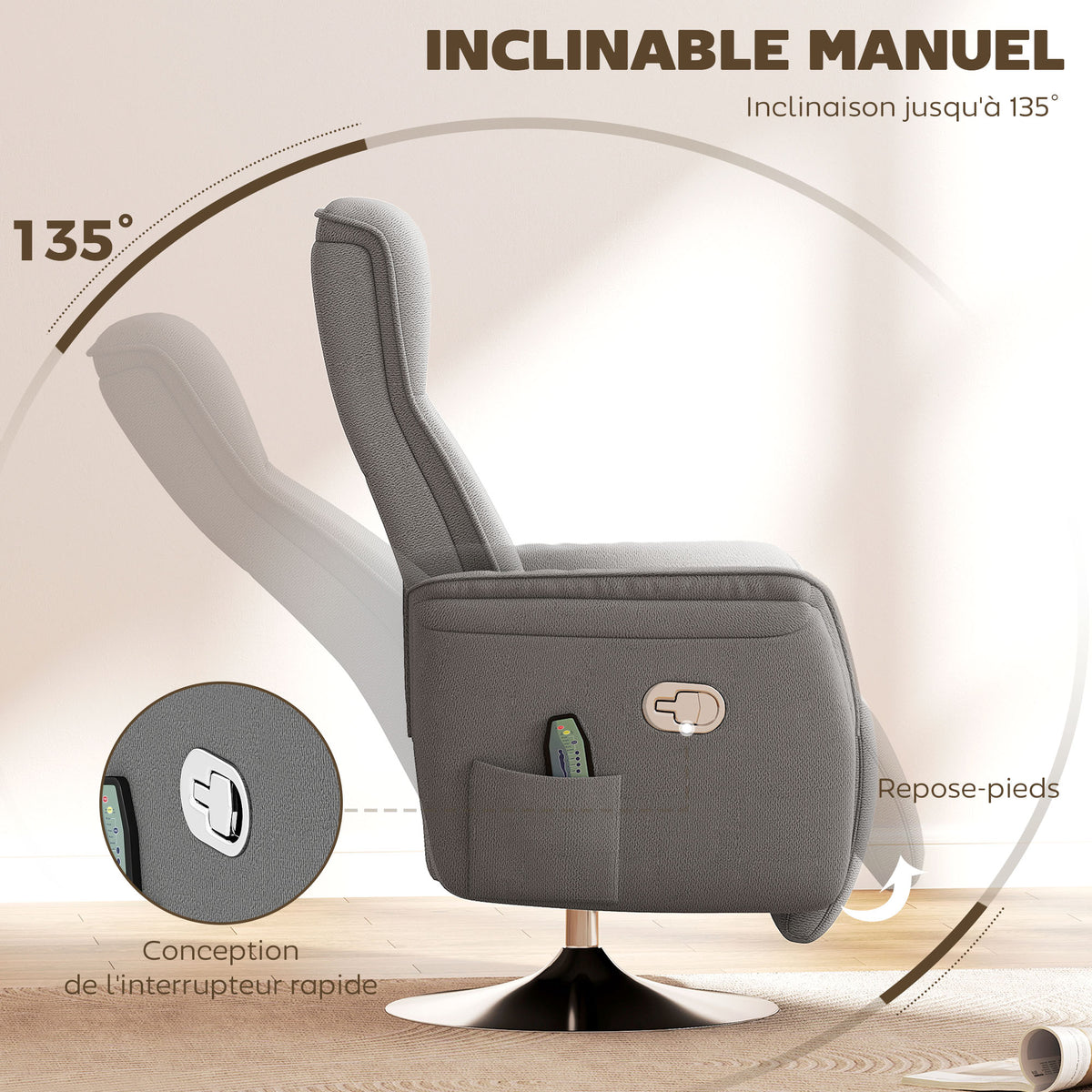 Fauteuil relax massant fauteuil de relaxation inclinable pivotant dossier et repose-pieds réglable 68,5x77x117cm gris-5
