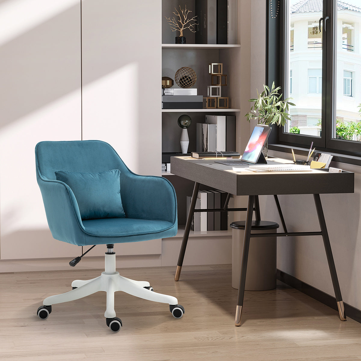 Chaise de bureau velours fauteuil bureau massant coussin lombaire intégré hauteur réglable pivotante 360° bleu-1