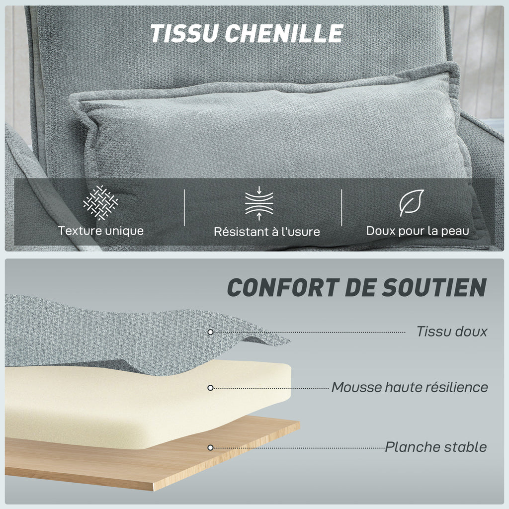 Fauteuil convertible 1 place 3 en 1, fauteuil-lit clic-clac en chenille, assise large dossier réglable, 88x84x87cm, gris-5