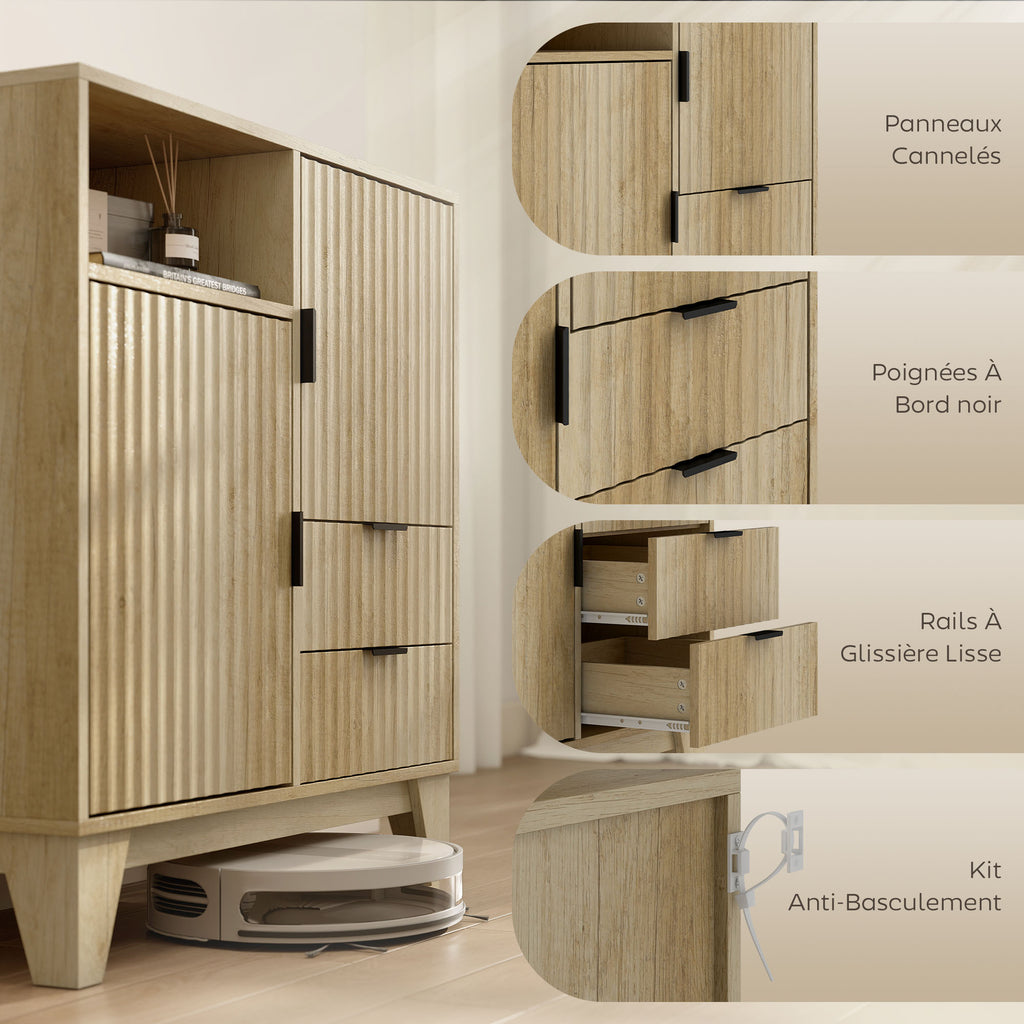 Buffet salon, meuble de rangement, 2 portes, 2 tiroirs, étagère réglable, compartiment ouvert, 80x40x90cm, bois naturel-6