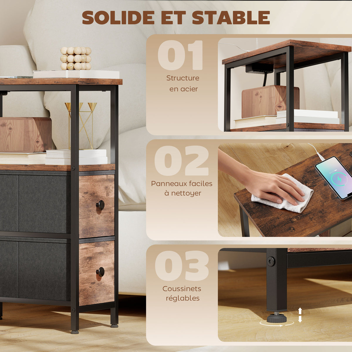 Table d'appoint avec station de charge, table de salon étroite avec 2 tiroirs en tissu, étagère ouverte, brun rustique-5
