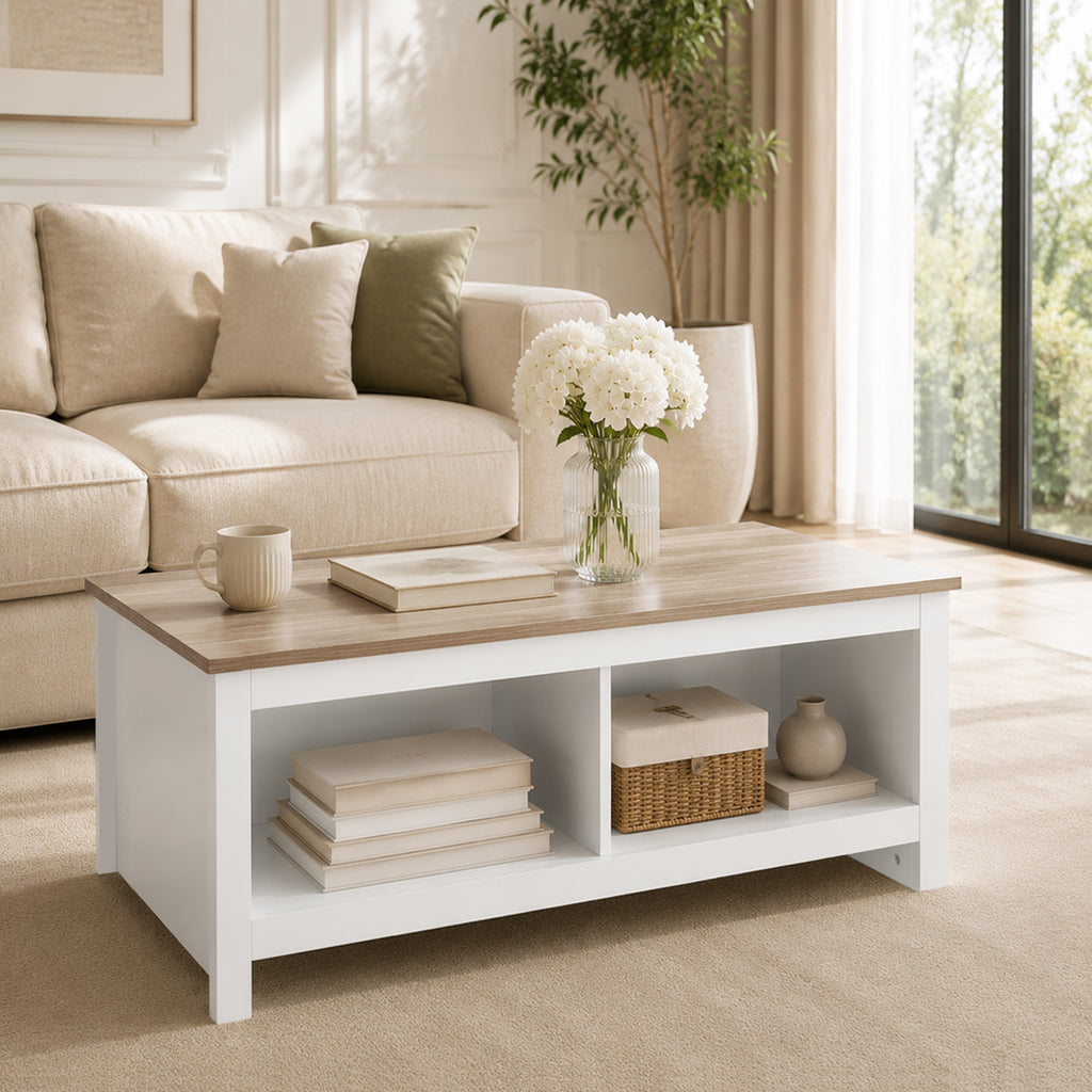 Table Basse Rectangulaire, Table de Salon Moderne avec 4 Compartiments Ouverts, 110 x 55 x 45,5 cm, Chêne et Blanc-7