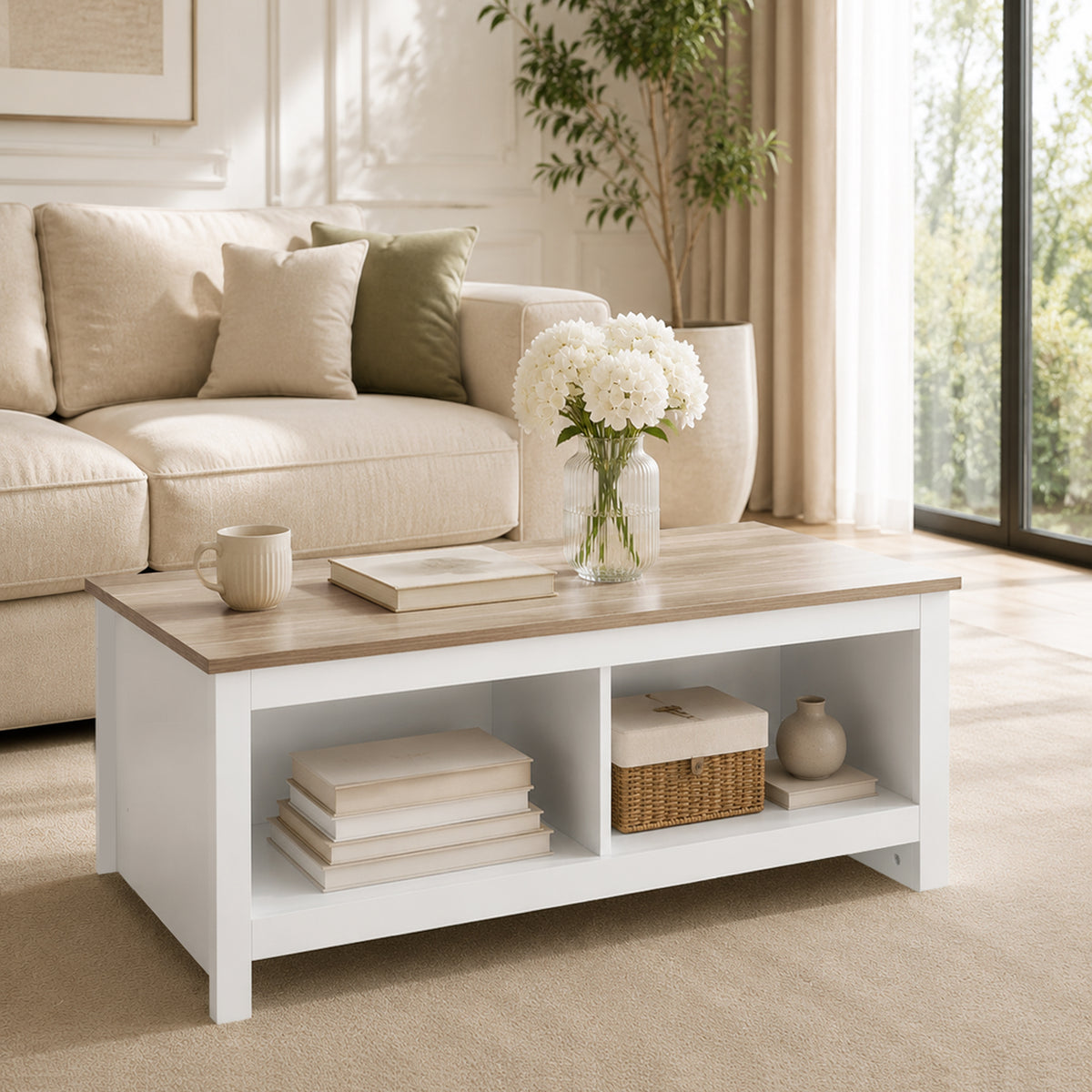 Table Basse Rectangulaire, Table de Salon Moderne avec 4 Compartiments Ouverts, 110 x 55 x 45,5 cm, Chêne et Blanc-7