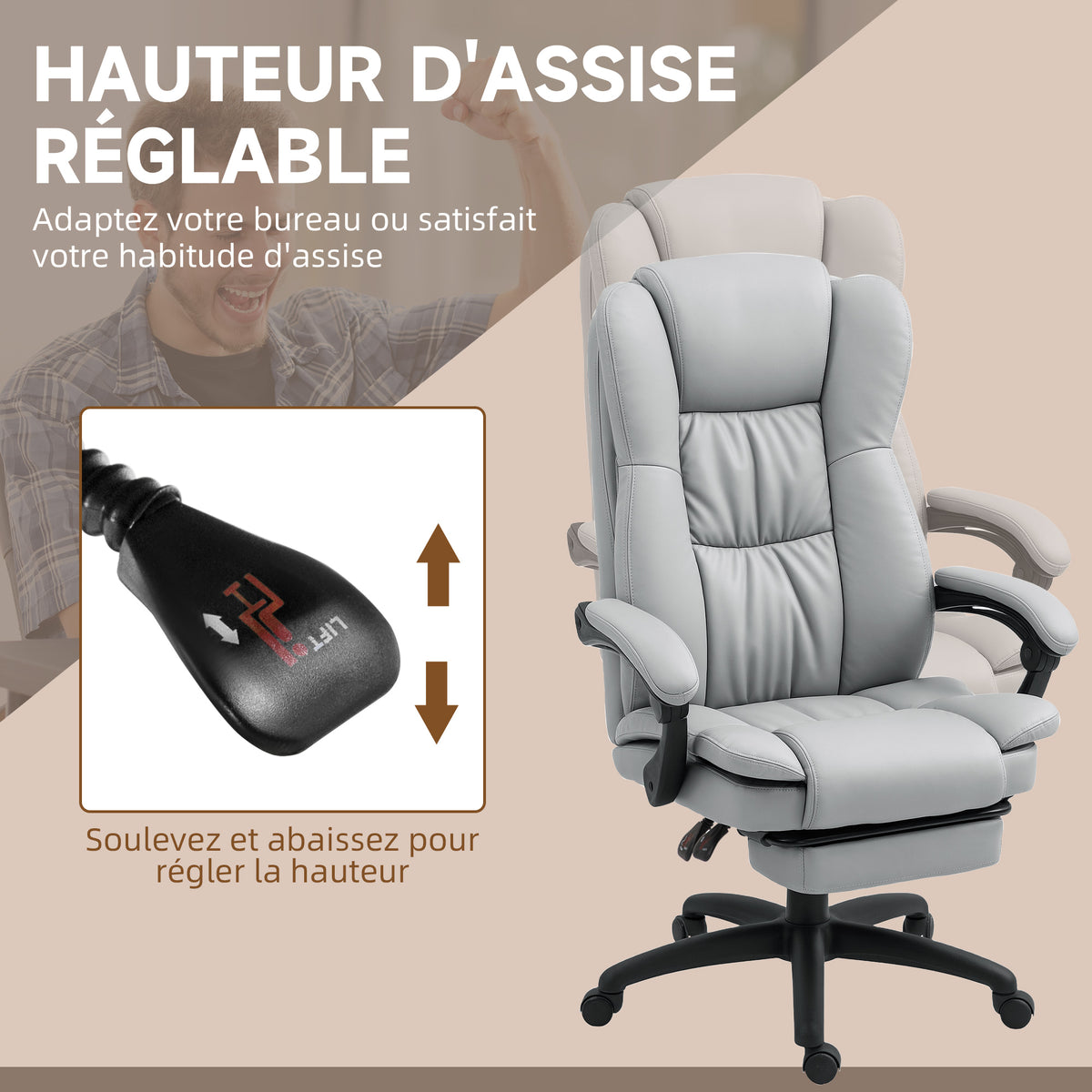 Fauteuil de bureau massant, chaise de bureau avec hauteur réglable, dossier inclinable et télécommande filaire, gris-4