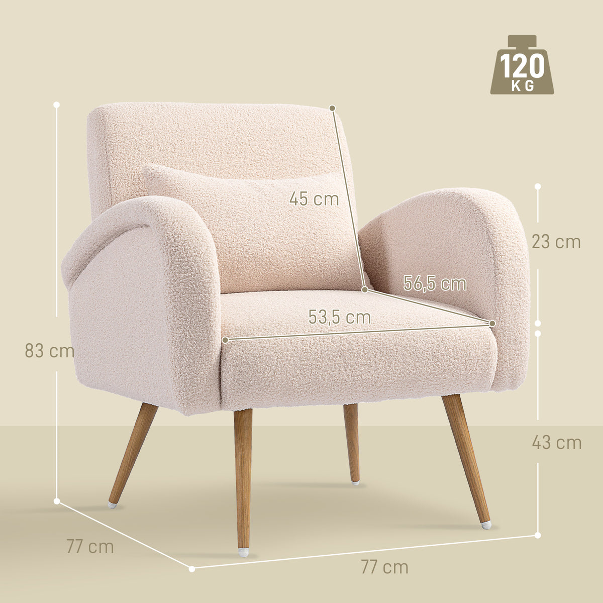 Fauteuil de salon en tissu Teddy, chaise rembourrée, assise large, coussin lombaire, pieds en métal effet bois, beige-2