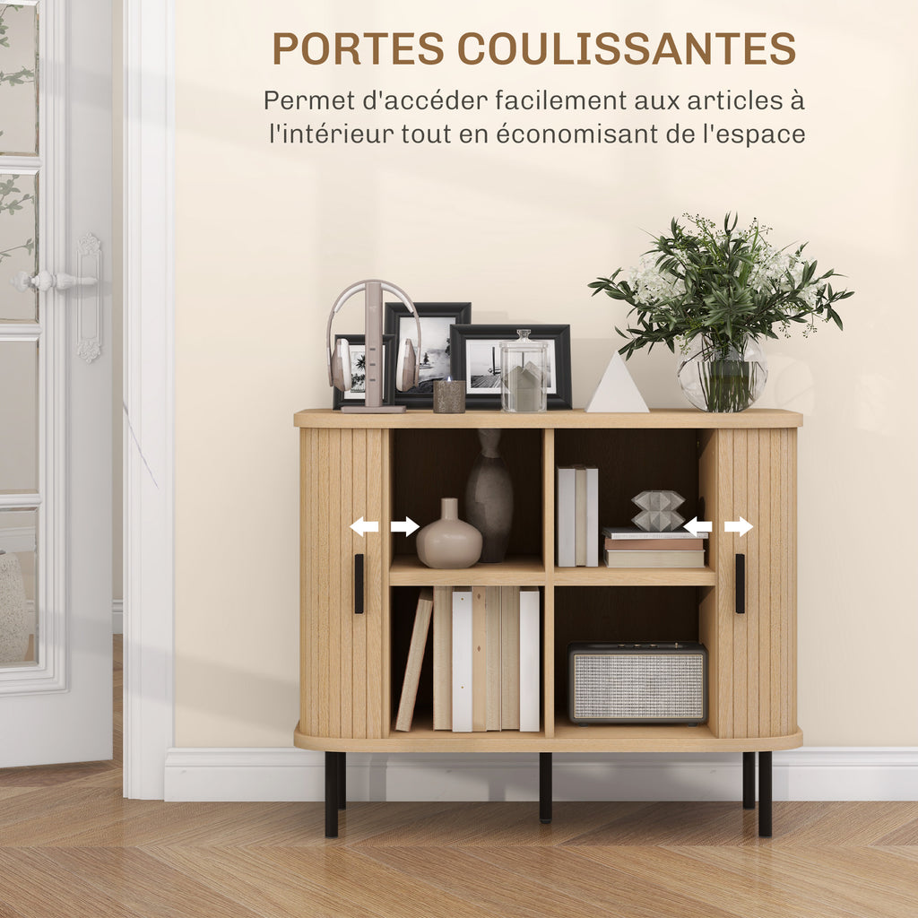 Buffet meuble de rangement avec portes coulissantes à lattes, armoire de cuisine avec pieds en acier, ton chêne-4