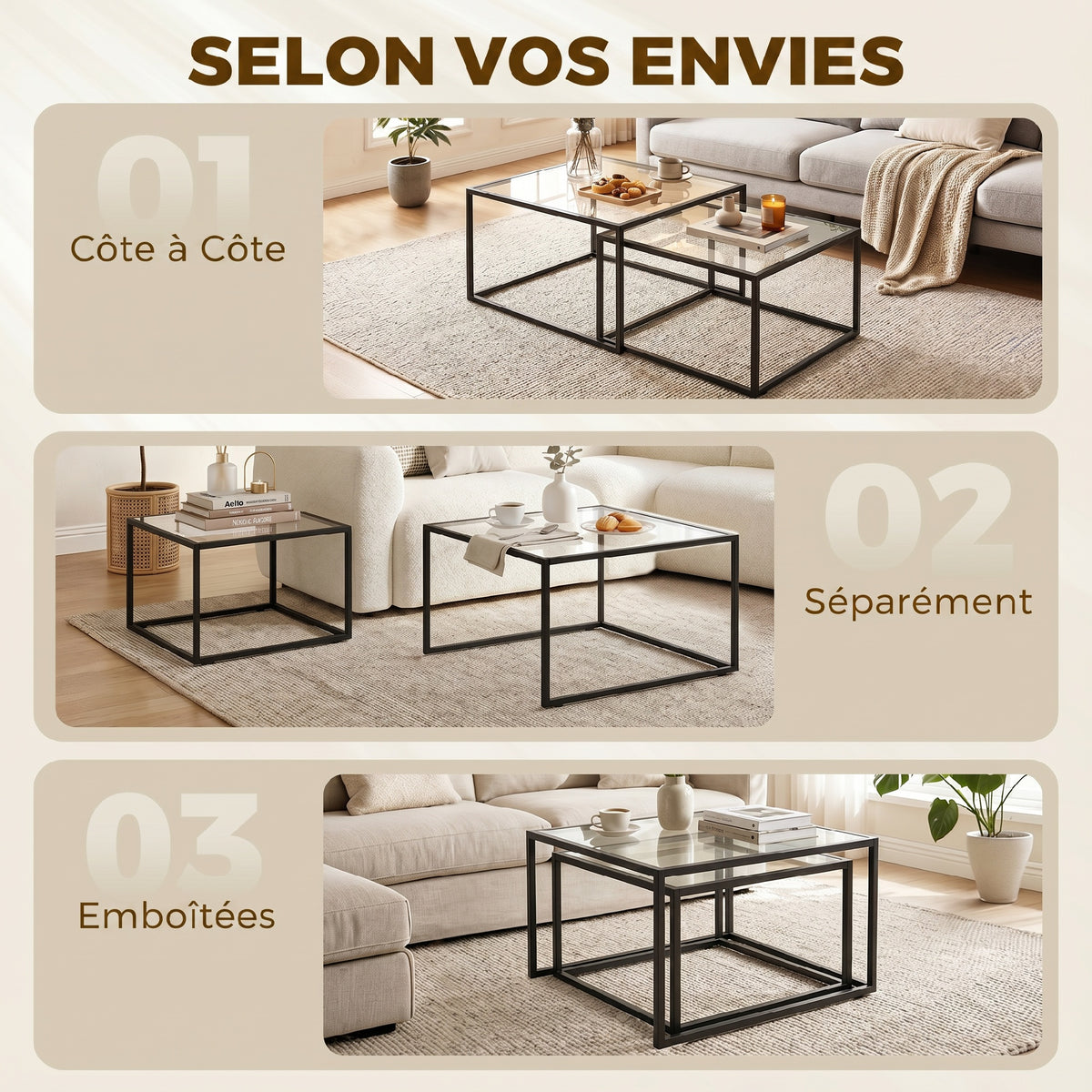 Lot de 2 tables basses gigognes, table de salon avec plateau en verre trempé et structure en métal, noir-3