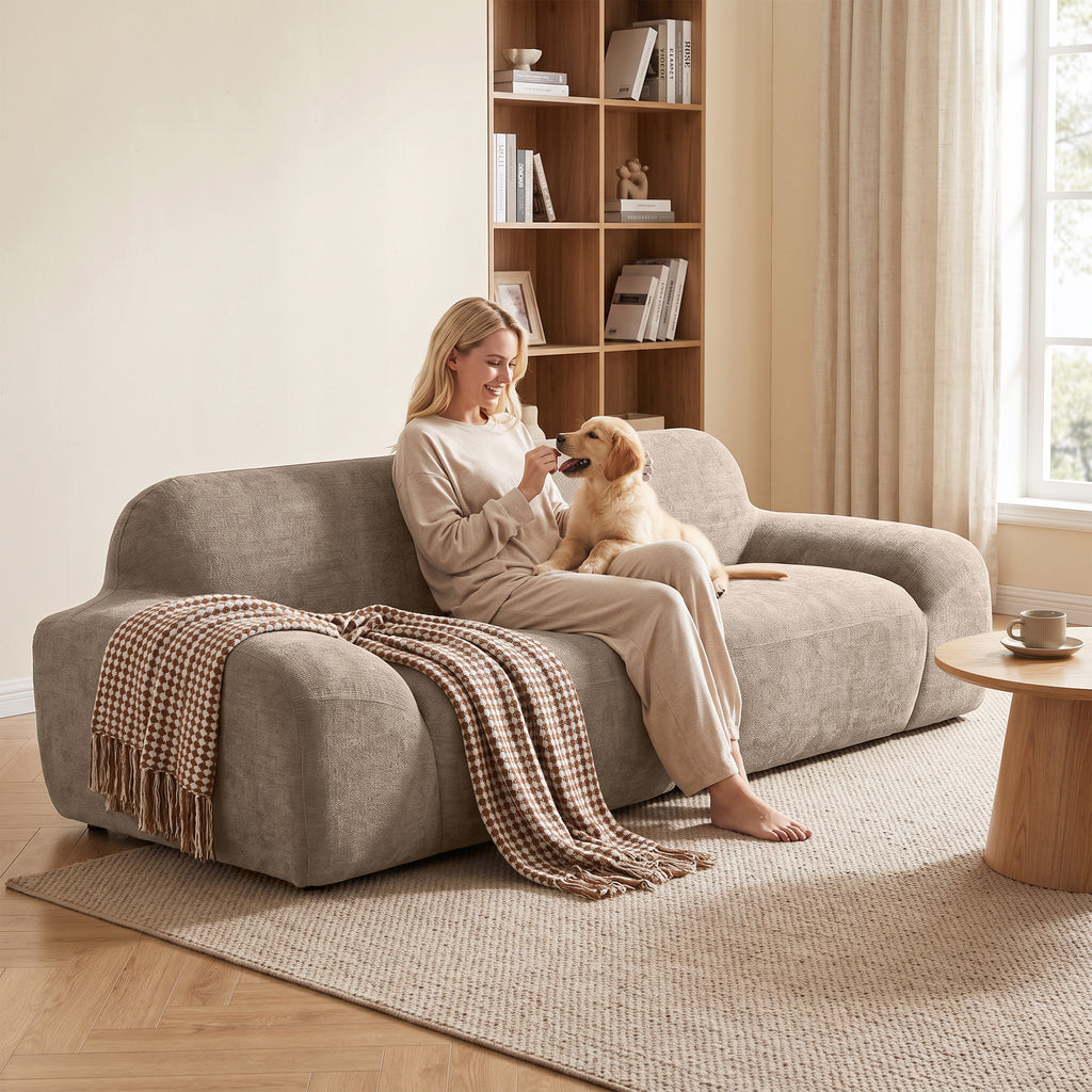 Canapé 3 Places en Chenille 244 cm, Canapé Salon Moderne, Assise et Accoudoirs Larges, Ressorts Ensachés, Marron Clair-8