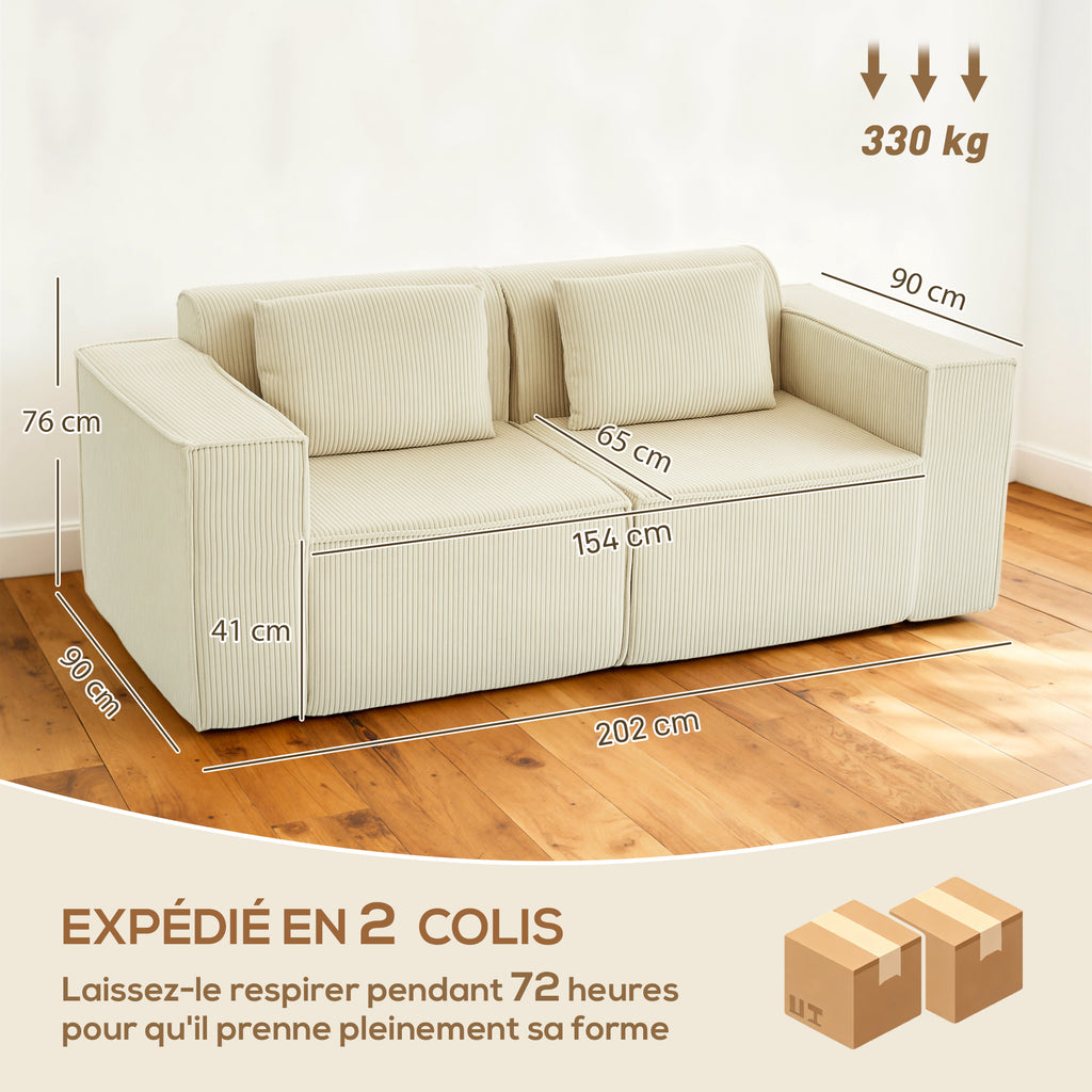 Canapé 3 places en velours côtelé, canapé rembourré, larges accoudoirs, 2 coussins, pas de montage, 202x90x76cm, beige-2