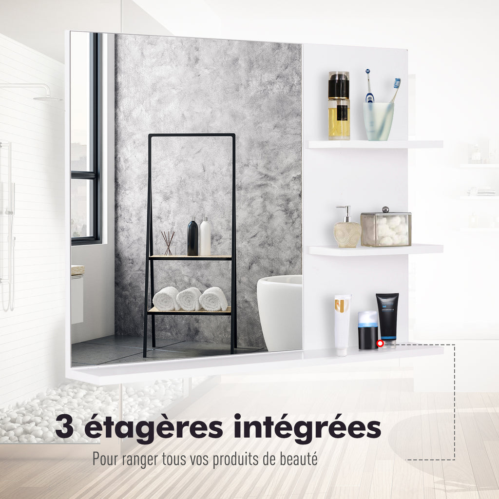 Miroir de Salle de Bain avec étagères - 2 étagères latérales + Grande étagère inférieure - kit Installation fourni - MDF Blanc-4