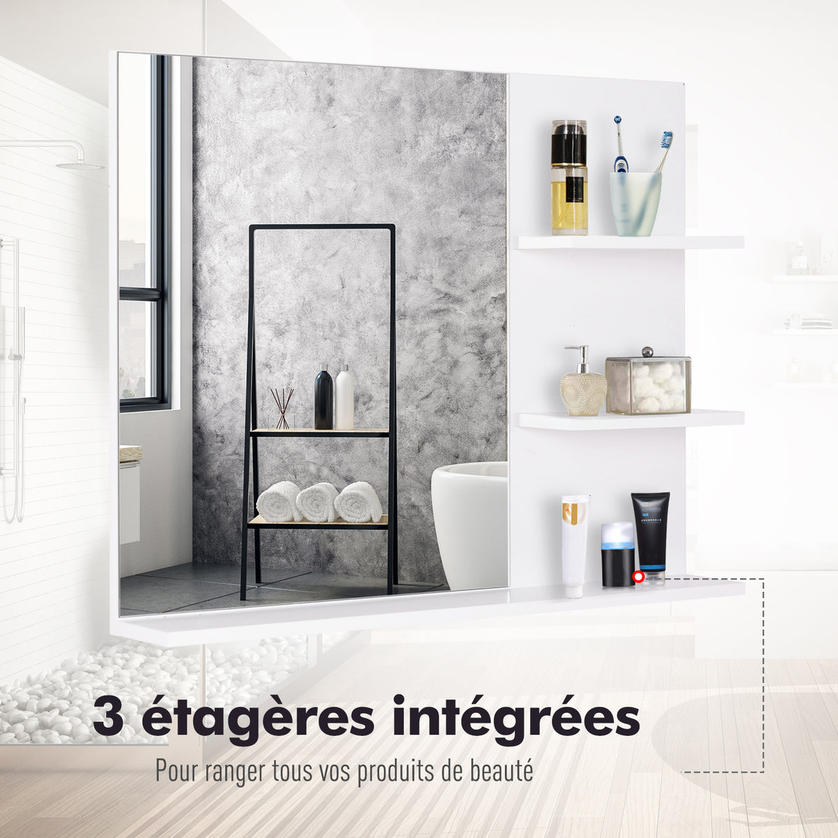 Miroir de Salle de Bain avec étagères - 2 étagères latérales + Grande étagère inférieure - kit Installation fourni - MDF Blanc-4