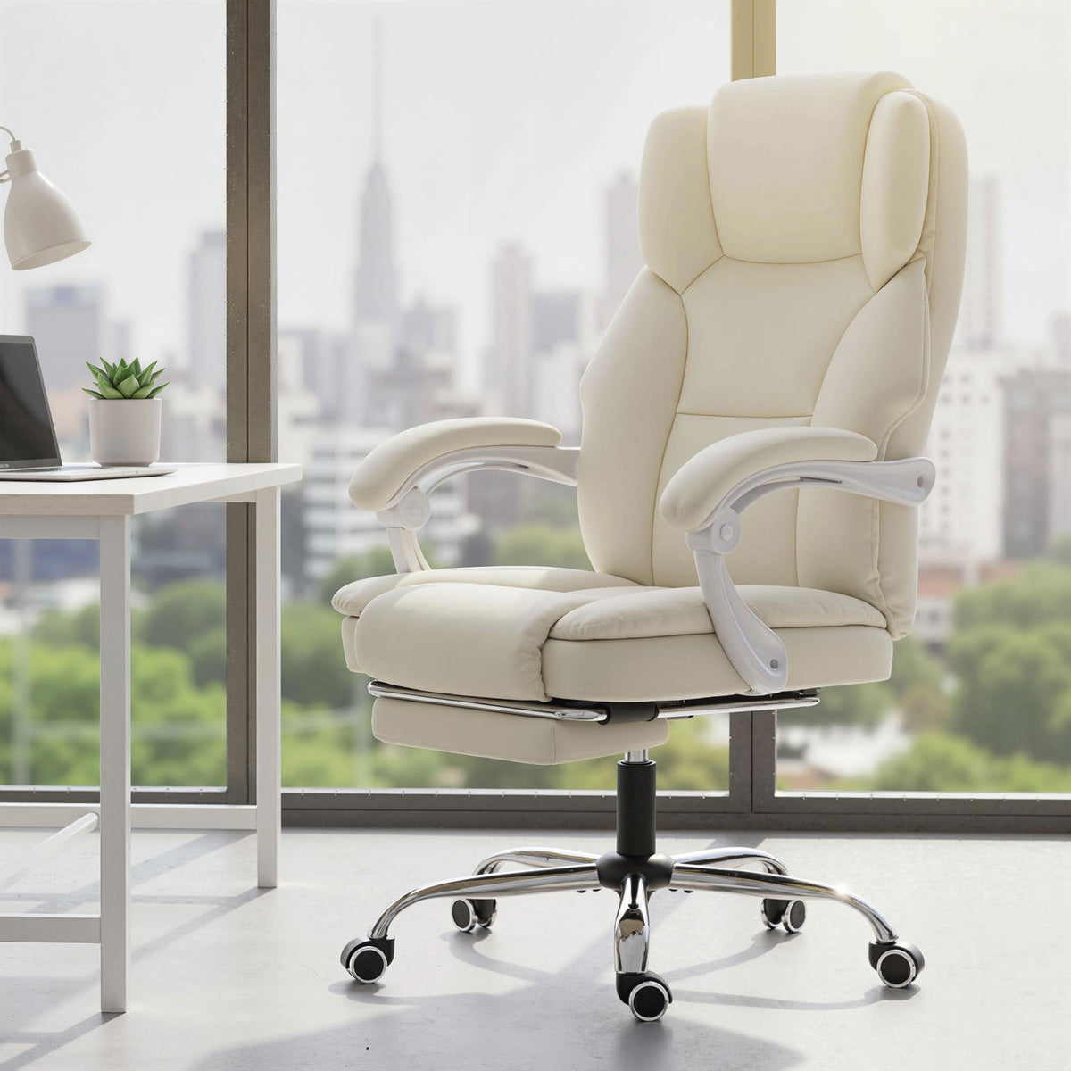 Chaise bureau ergonomique, fauteuil de bureau avec dossier inclinable, hauteur réglable, 64x73x112-120cm, beige-9