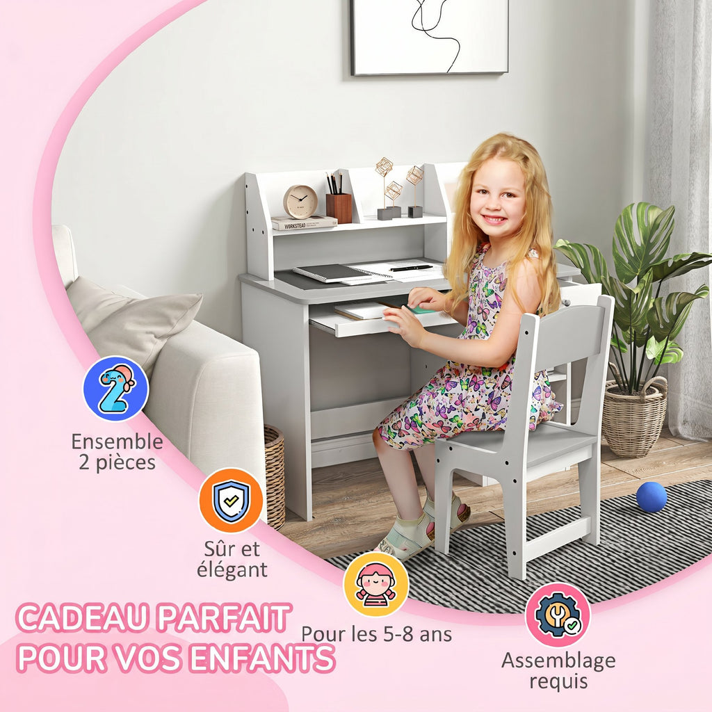 Bureau enfant avec chaise ergonomique avec clavier coulissant tiroir niches et étagères ouvertes 90 x 45 x 90 cm gris-5