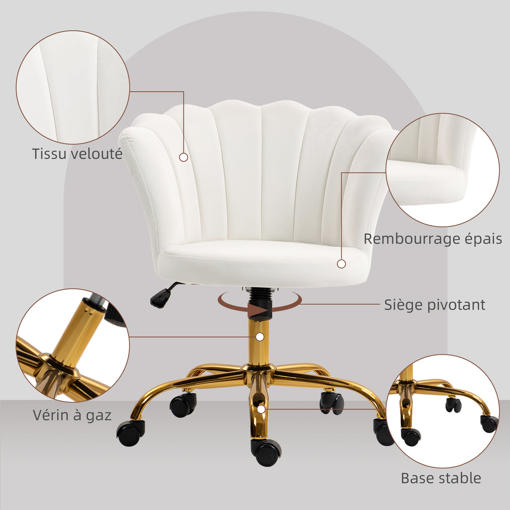 Chaise bureau en velours, chaise coiffeuse avec dossier en pétale, hauteur réglable, 69 x 64 x 80-90 cm, blanc-4