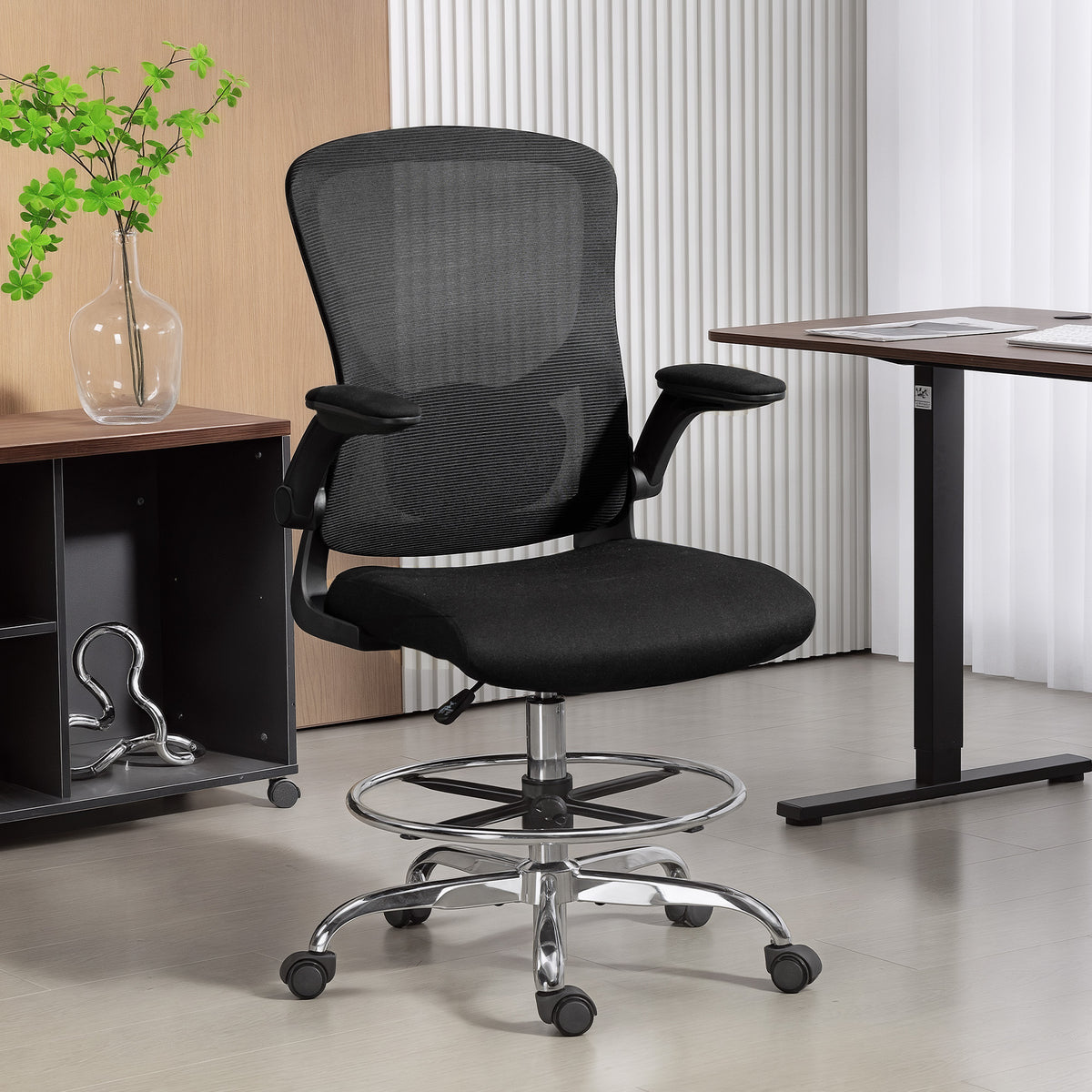 Chaise bureau ergonomique, chaise de dessin, support lombaire 4D, accoudoirs relevables, 60 x 60 x 108-132 cm, noir-1