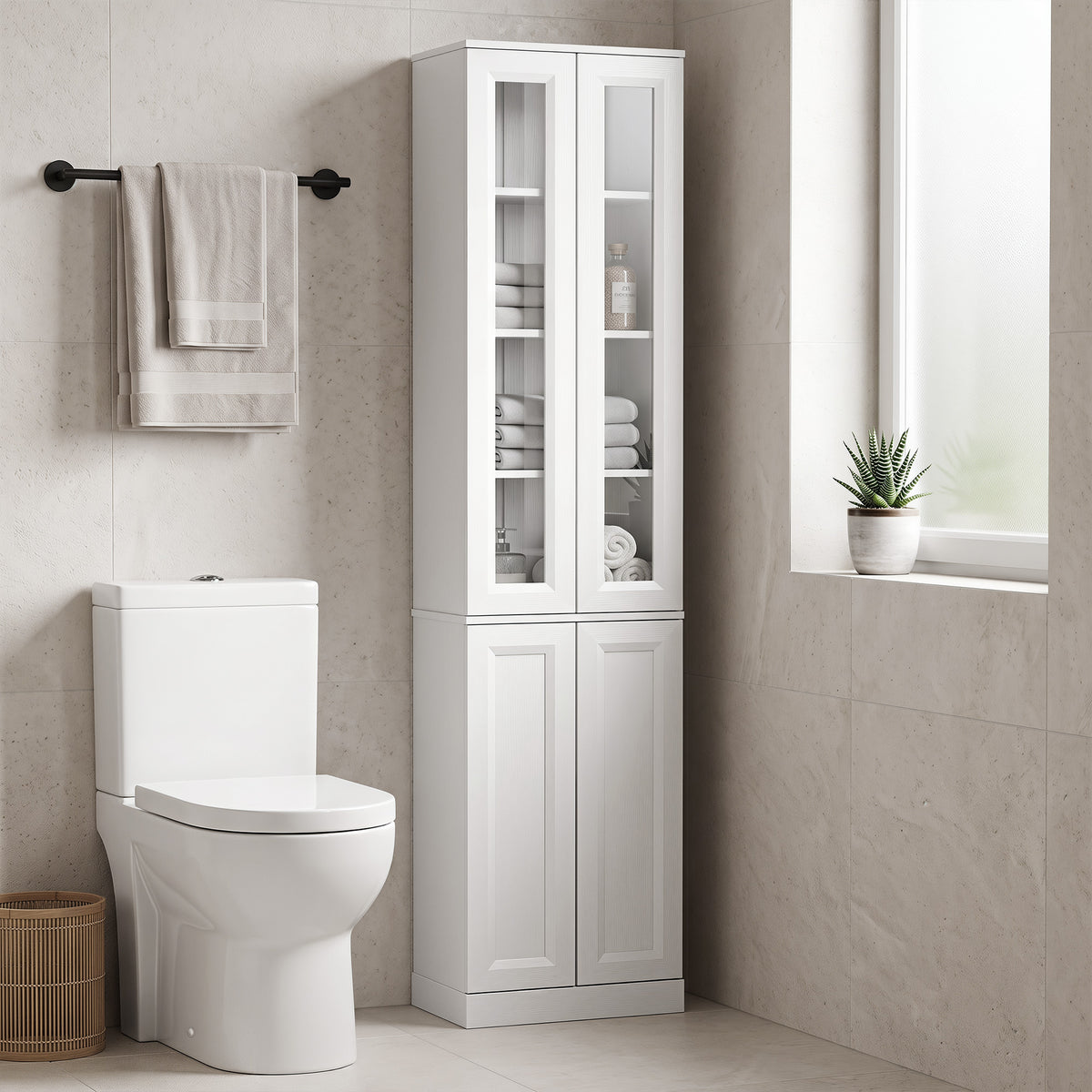 Meuble de Salle de Bain 6 niveaux, Meuble de Rangement avec 4 Portes à Fermeture Douce et Étagères Réglables, Blanc-9