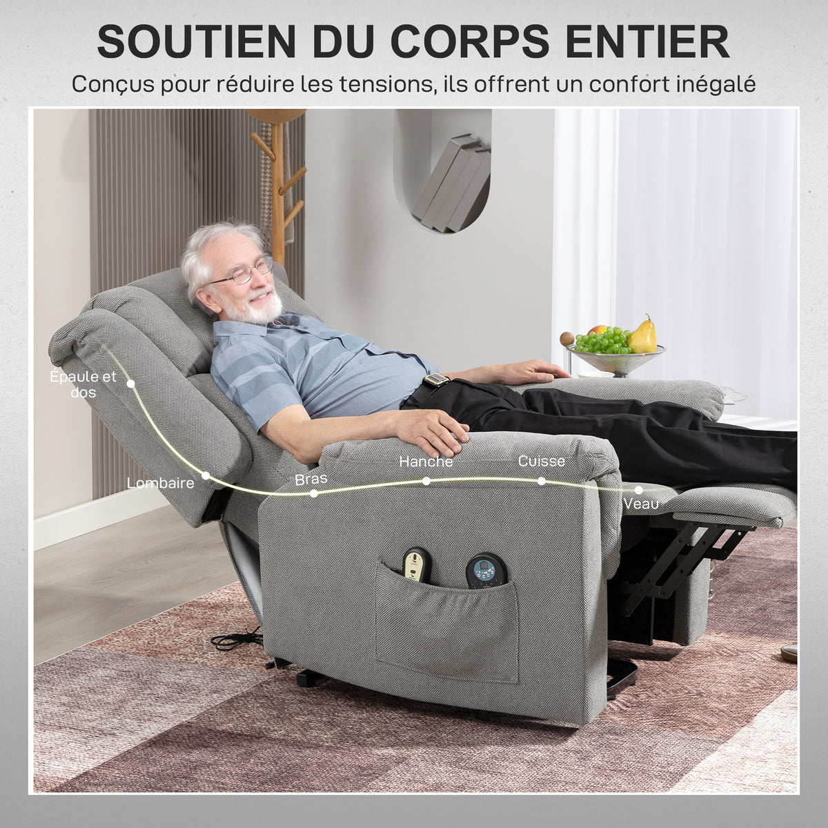 Fauteuil releveur électrique avec fonction massage et chauffage, fauteuil relax électrique dossier inclinable gris foncé-7