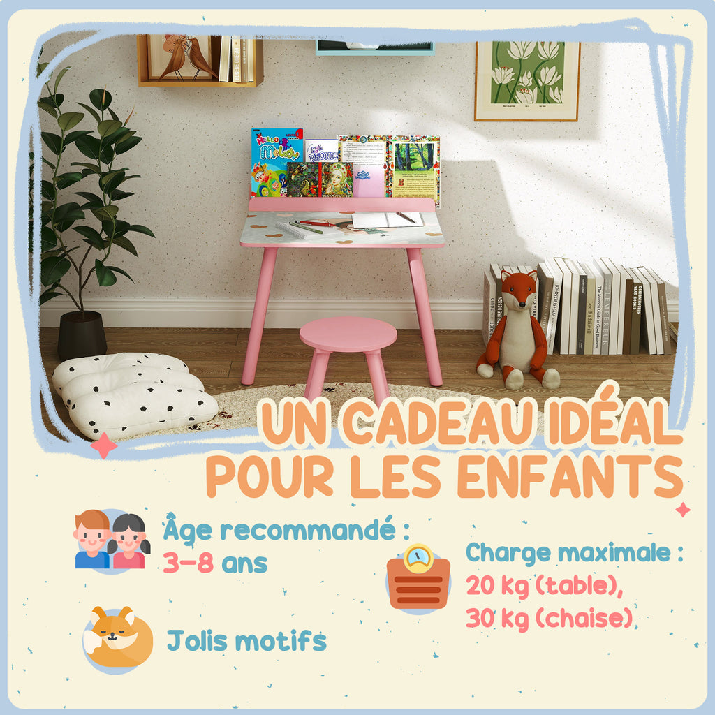 Ensemble table et chaise enfant table pour enfant avec chaise avec porte-livres motifs d'ours pour enfants 3-8 ans rose-6