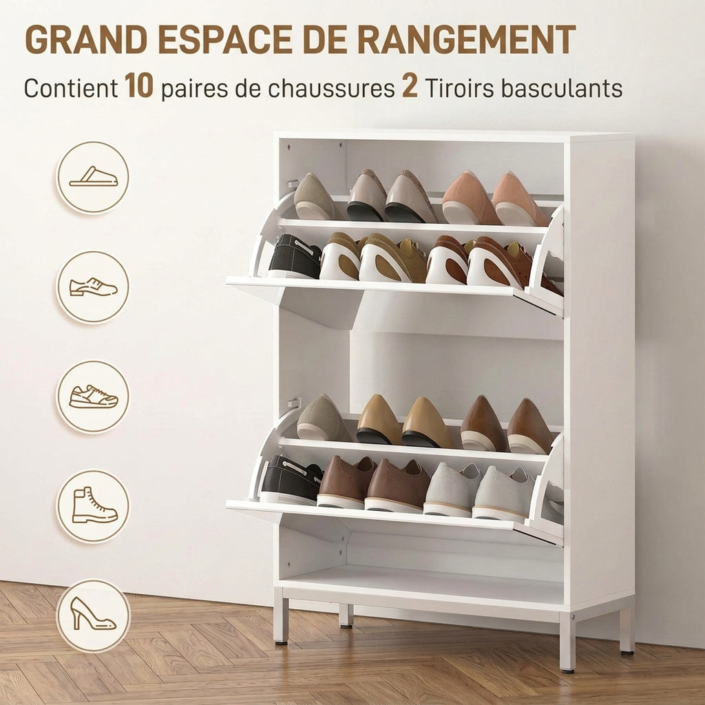 Meuble à Chaussures 12 Paires, Armoire à Chaussures, 2 Tiroirs Rabattables, Portes Miroirs, Blanc-4