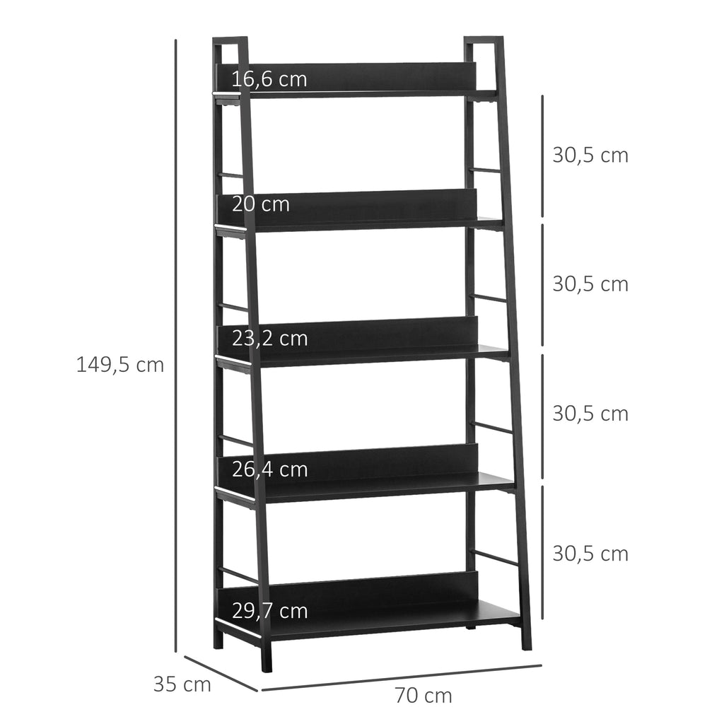 Étagère bibliothèque de Rangement Style Industriel incliné 5 Niveaux 70L x 35l x 150H cm Noir-2