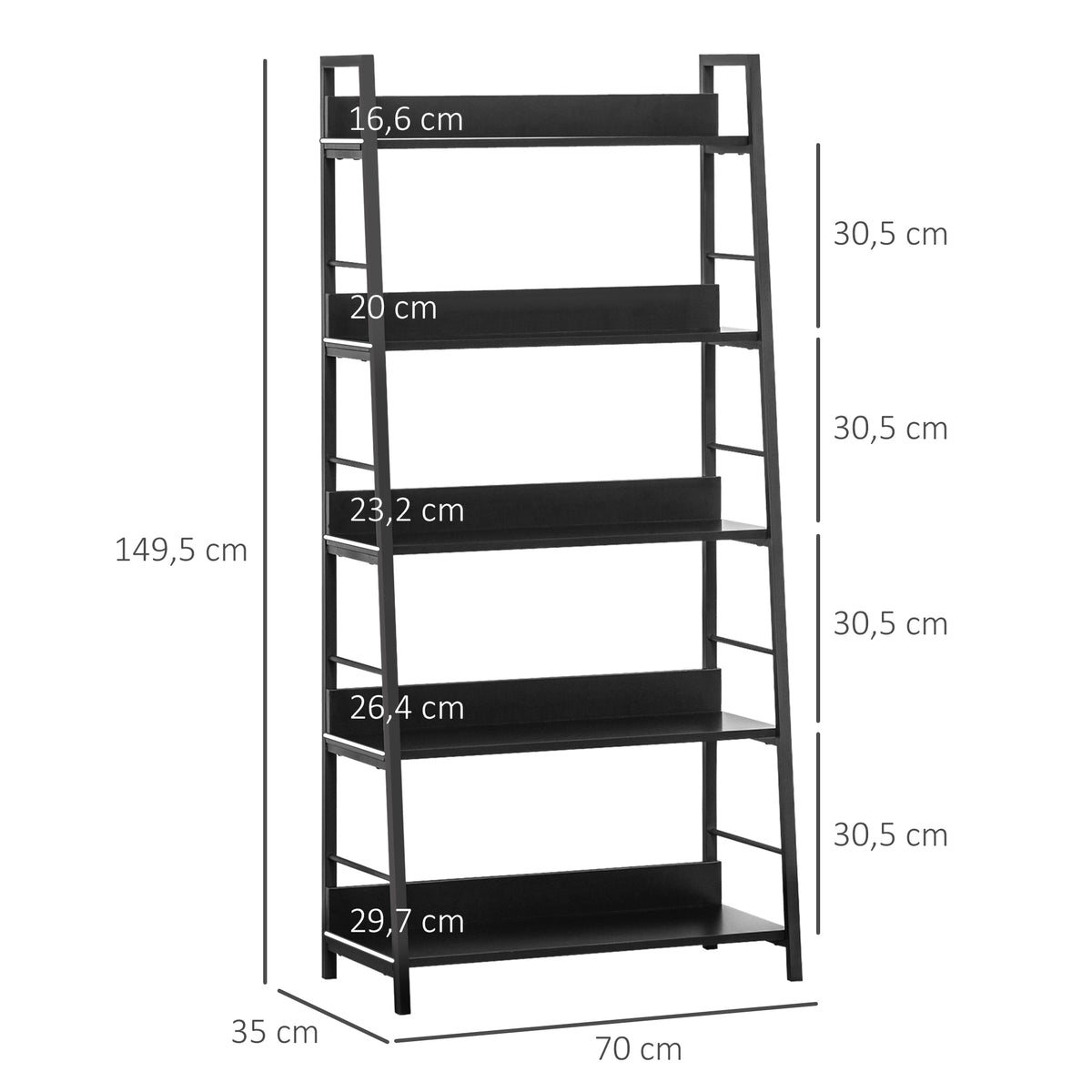 Étagère bibliothèque de Rangement Style Industriel incliné 5 Niveaux 70L x 35l x 150H cm Noir-2