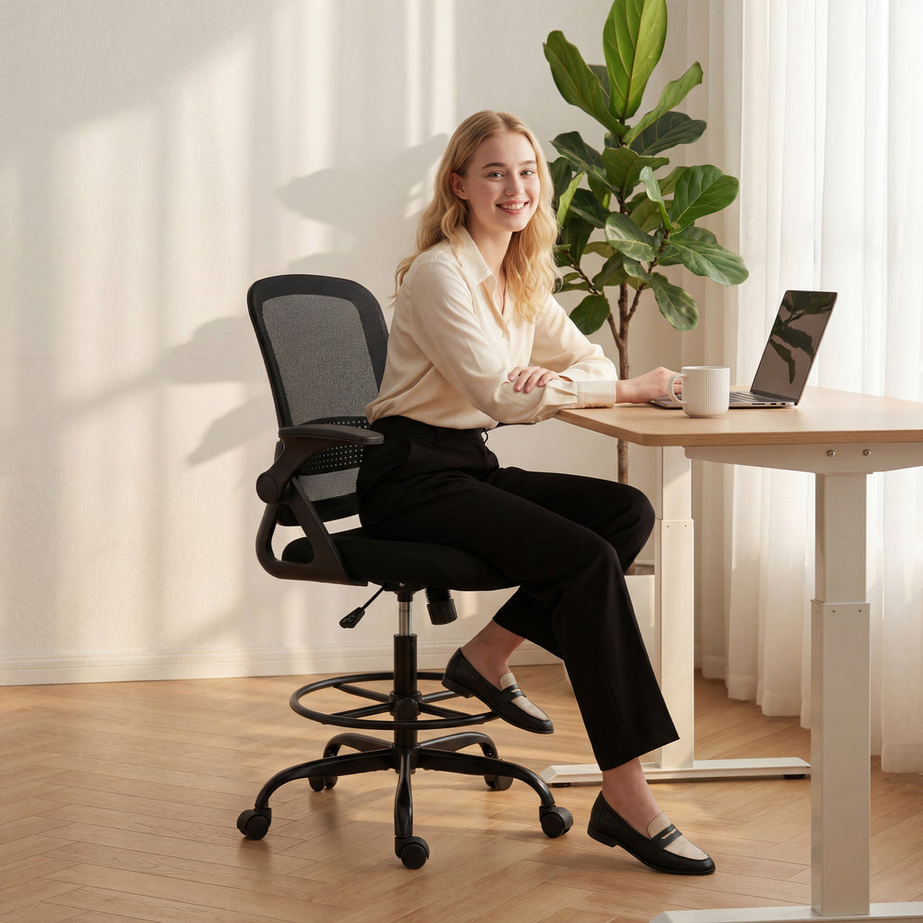 Chaise de bureau en maille, chaise d'ordinateur avec accoudoirs rabattables, hauteur réglable, repose-pieds, noir-8