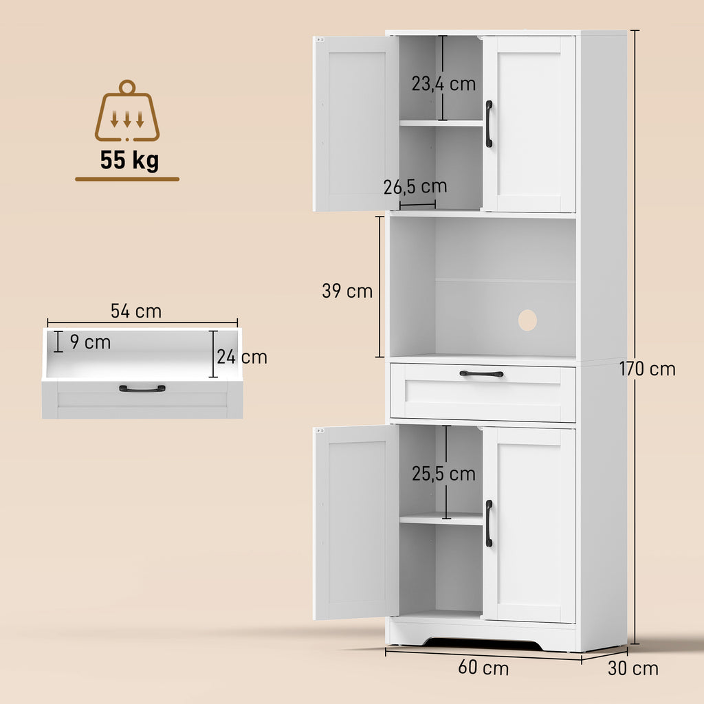 Buffet Haut Cuisine, Armoire Cuisine, 4 Portes à Fermeture Douce, Tiroir, Compartiment Ouvert, Étagères Réglables, Blanc-2