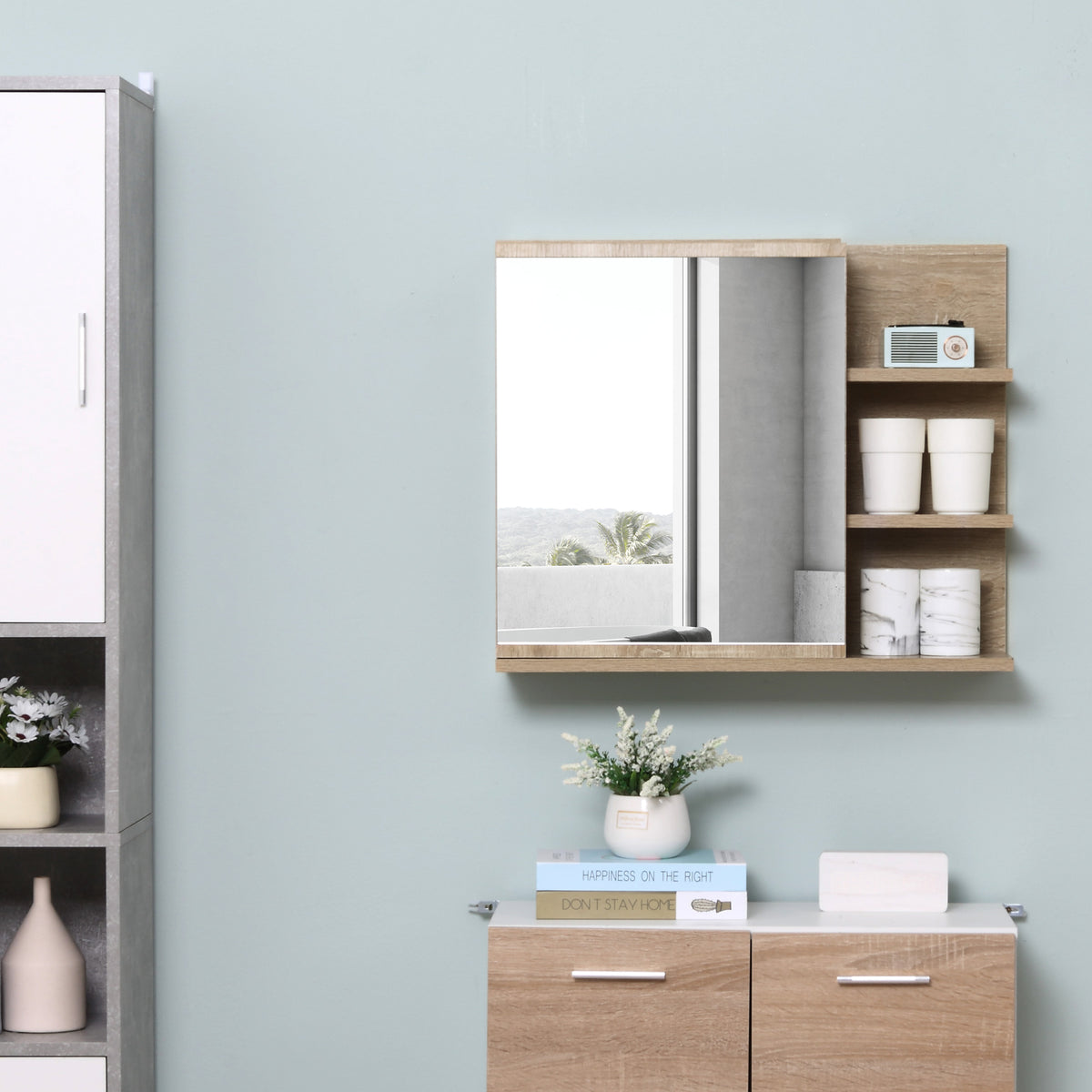 Armoire Miroir de Salle de Bain avec étagère - 3 étagères latérales - kit Installation Murale fourni - Panneaux Particules Aspect chêne Clair-9