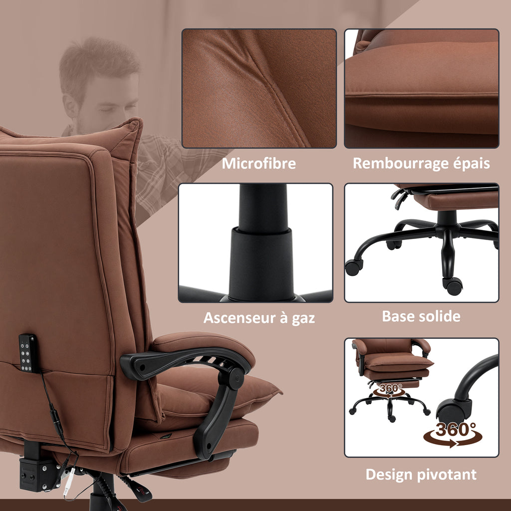 Fauteuil de bureau massant et chauffant, chaise de bureau, hauteur réglable, dossier inclinable, 66x74x121,5cm marron-7