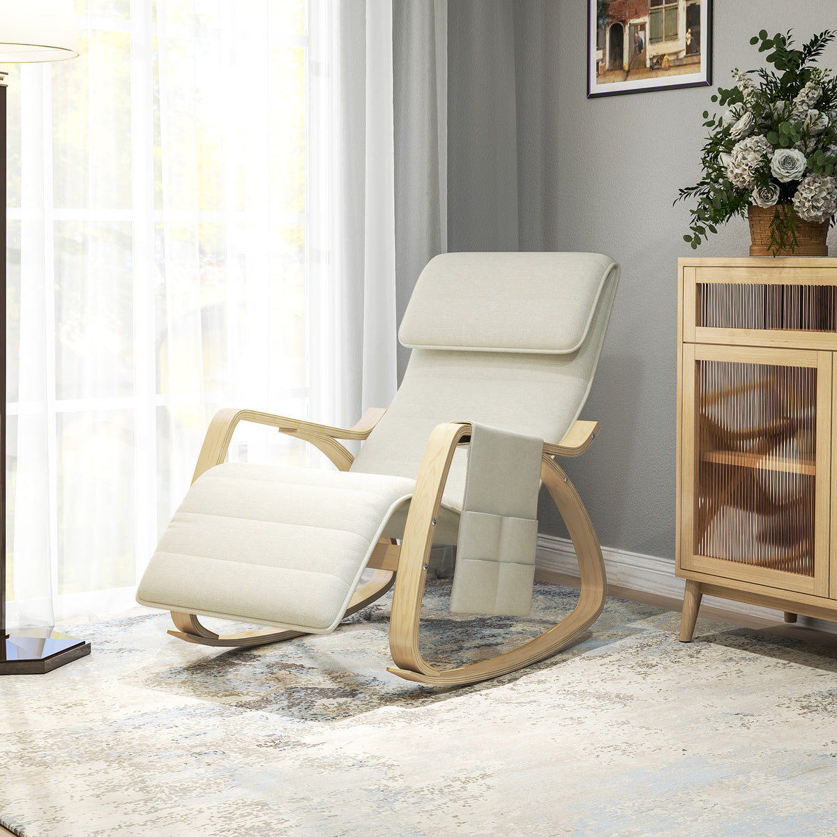 Fauteuil relax à bascule fauteuil allaitement avec repose-pieds réglable, poche latérale et appui-tête, blanc crème-1
