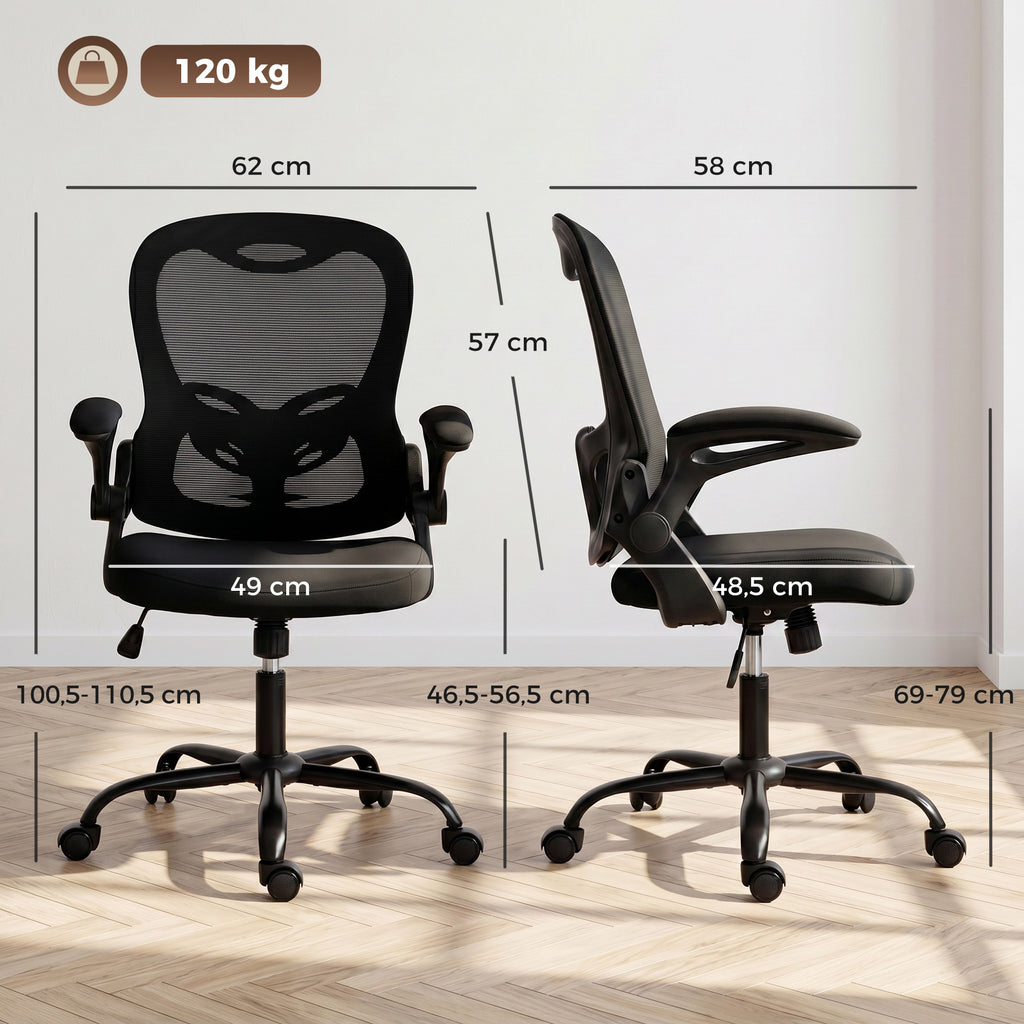 Chaise Bureau Ergonomique, Fauteuil de Bureau Maille, Accoudoirs Relevables, Hauteur Réglable, Fonction Bascule, Noir-2