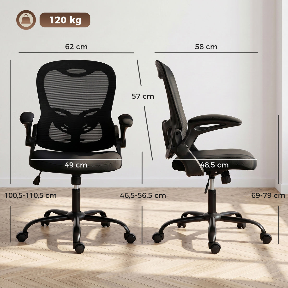 Chaise Bureau Ergonomique, Fauteuil de Bureau Maille, Accoudoirs Relevables, Hauteur Réglable, Fonction Bascule, Noir-2