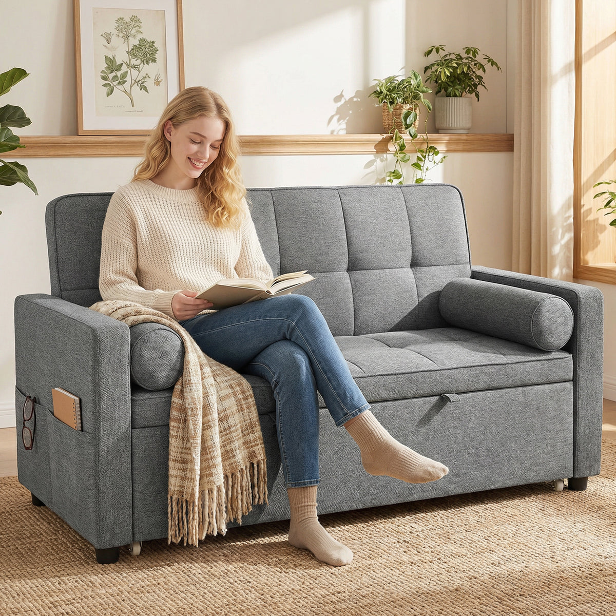 Canapé convertible 2 places 3 en 1 canapé-lit avec lit gigogne double dossier réglable 2 coussins 80,5x137,5x84cm gris-1