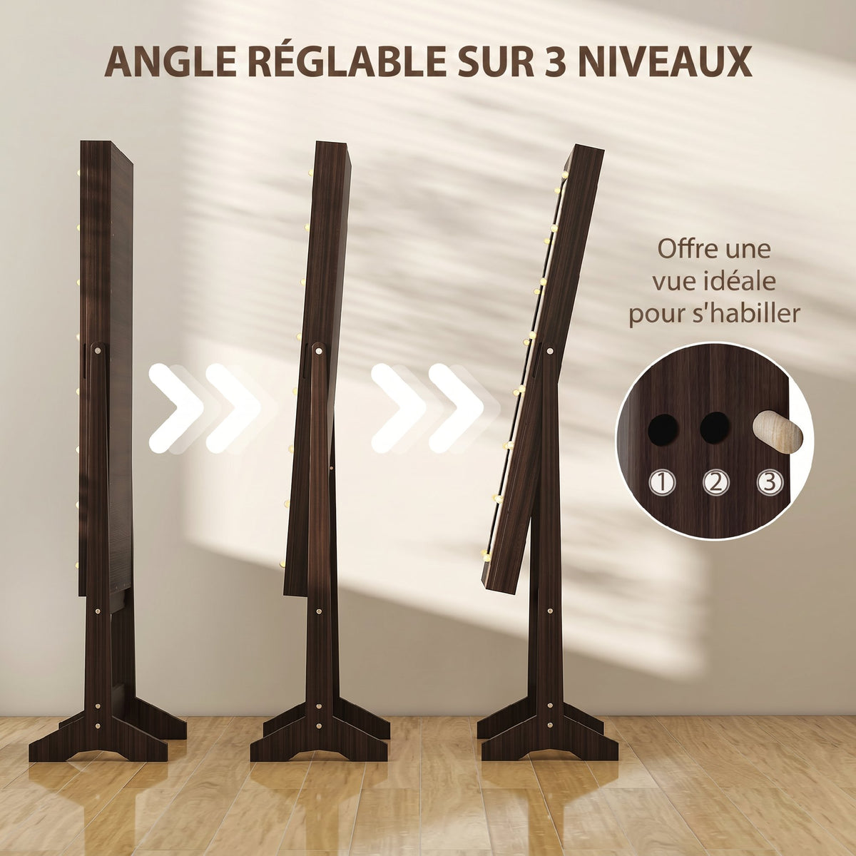 Armoire à Bijoux, Armoire de Rangement sur Pieds, Boîte à Bijoux avec Miroir Multi-Rangements Éclairage LED Marron Foncé-5