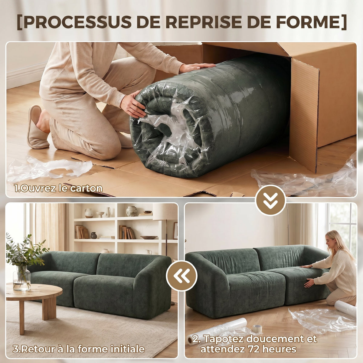 Canapé 3 places en chenille 225 cm, canapé salon rembourré moderne avec assise large, coussin à ressorts, vert foncé-6