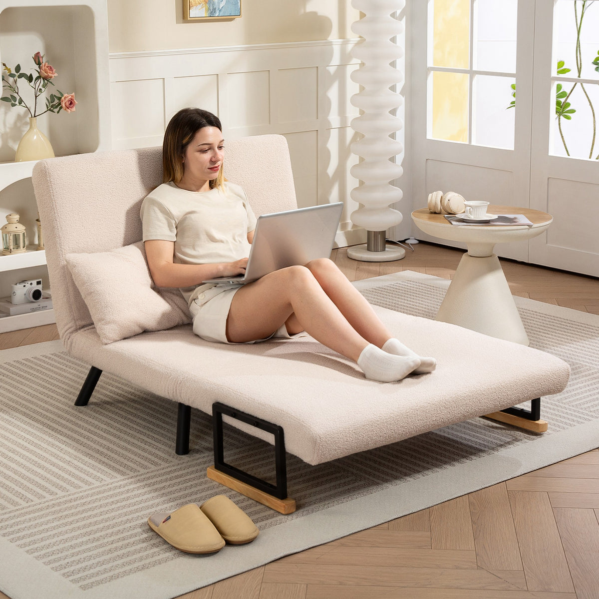 Canapé convertible 2 places 4 en 1, canapé-lit avec dossier réglable sur 5 niveaux, 2 coussins, 102 x 73 x 81 cm, beige-7