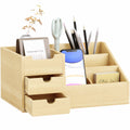 Boite de Rangement de Bureau - Organiseur de Bureau - 7 Compartiments, 2 tiroirs - Bambou Verni, Bambou-0