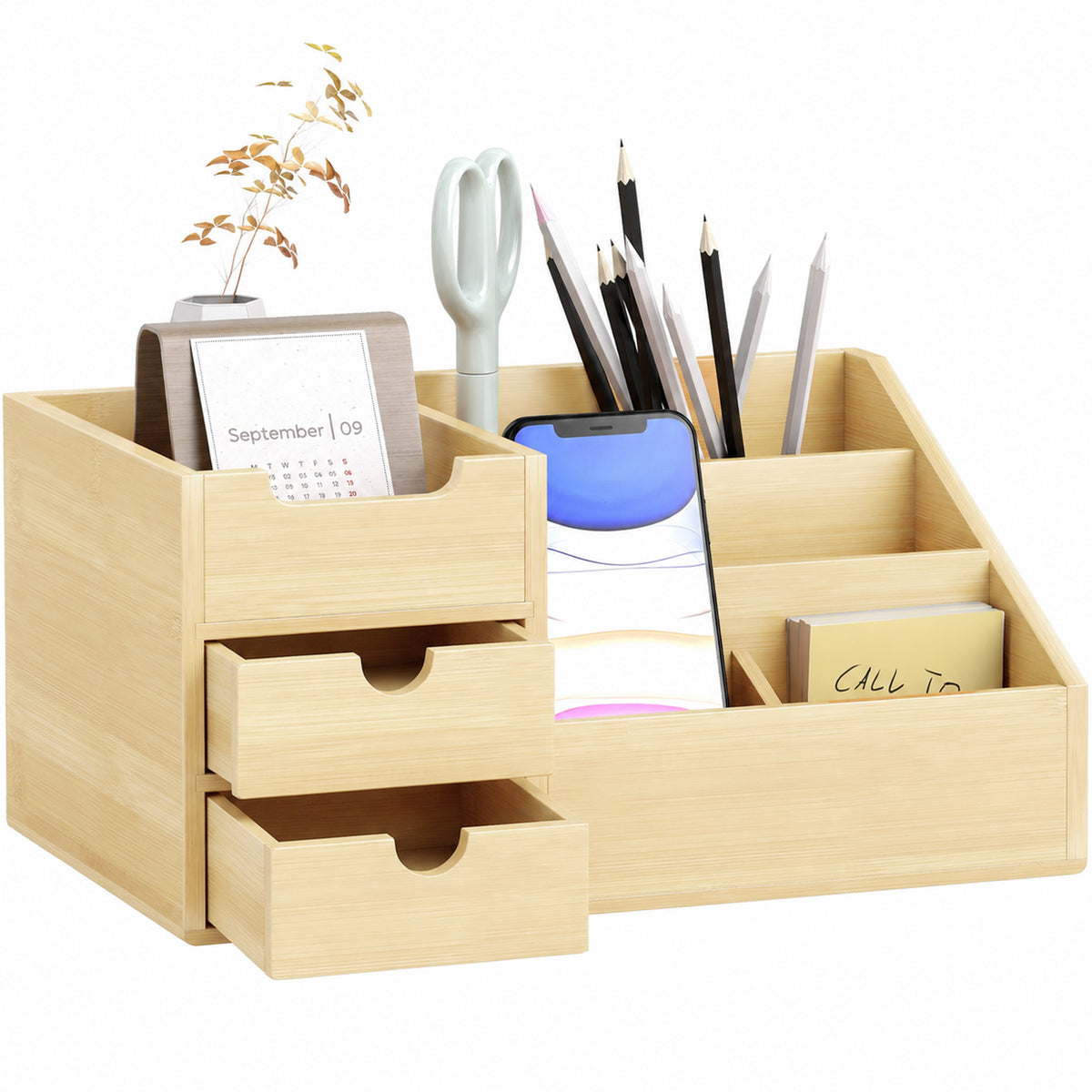 Boite de Rangement de Bureau - Organiseur de Bureau - 7 Compartiments, 2 tiroirs - Bambou Verni, Bambou-0