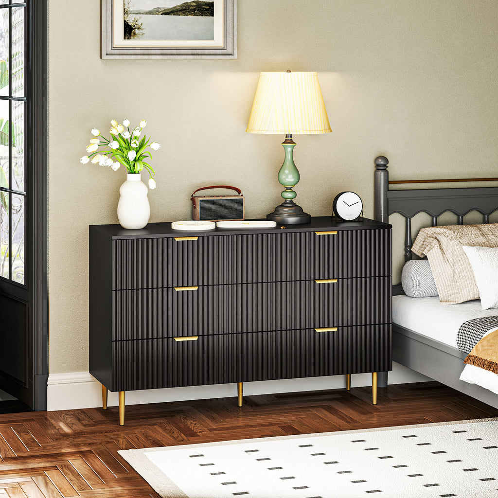 Commode 6 tiroirs commode chambre meuble de rangement moderne avec poignées et pieds dorés, 120 x 40 x 76,5 cm, noir-1