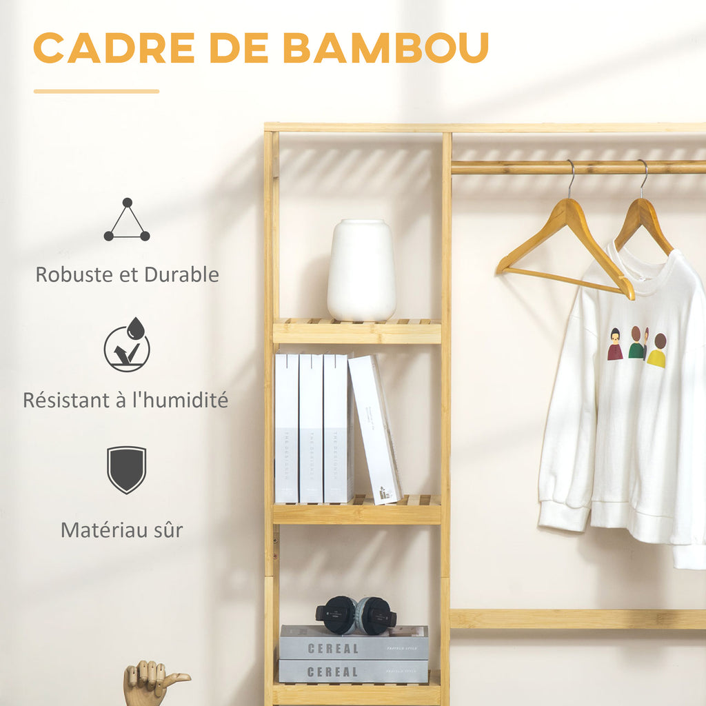 Portant à Vêtements Bambou Penderie Porte-Manteaux avec étagères, Tringle et 2 patères - dim. 90L x 30P x 155H cm-4