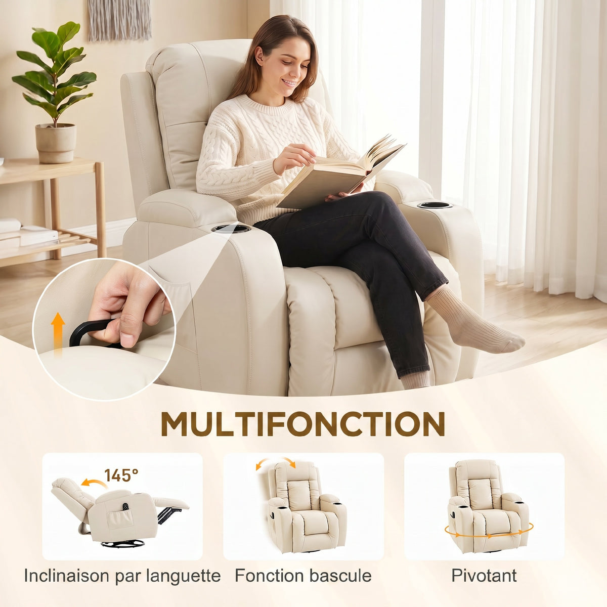 Fauteuil inclinable de massage et chauffage, fauteuil de relaxation, dossier réglable, pivotant 360°, 82x99x103cm, crème-4