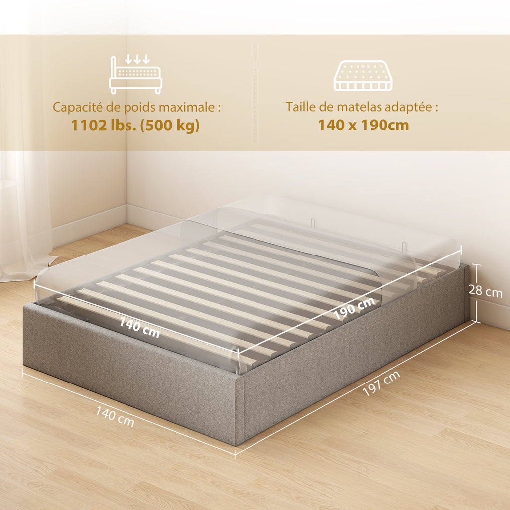 Lit coffre 140 x 190 cm, cadre de lit double rembourré, sommier à lattes en bois, rangement caché, sans bruit, gris-2