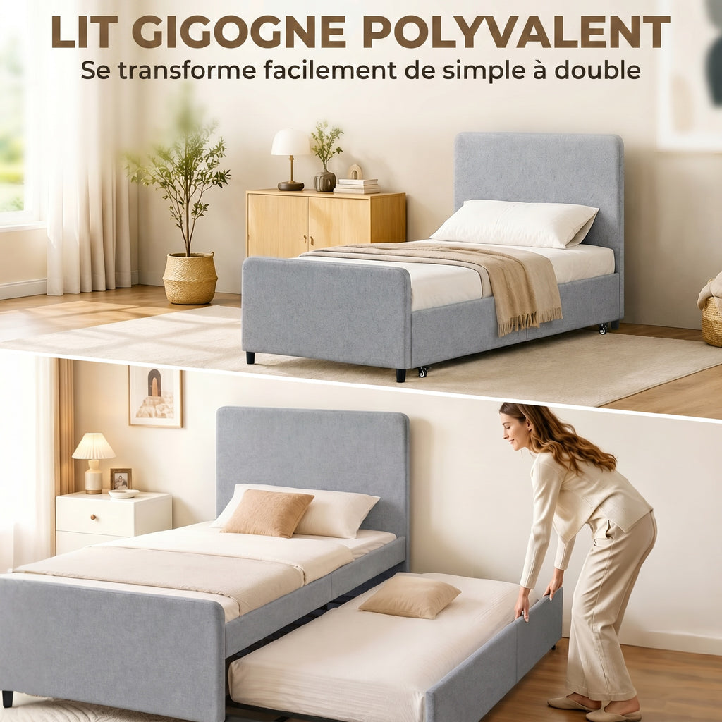 Lit gigogne 90 x 190 cm, cadre de lit simple/double avec sommier à lattes en bois, tête et pied rembourrés, gris clair-3