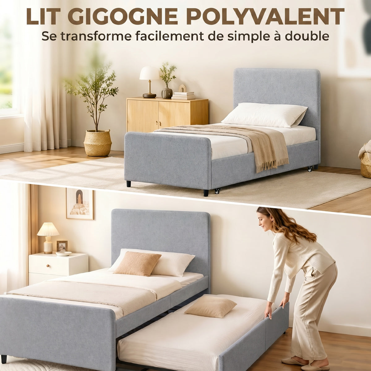 Lit gigogne 90 x 190 cm, cadre de lit simple/double avec sommier à lattes en bois, tête et pied rembourrés, gris clair-3