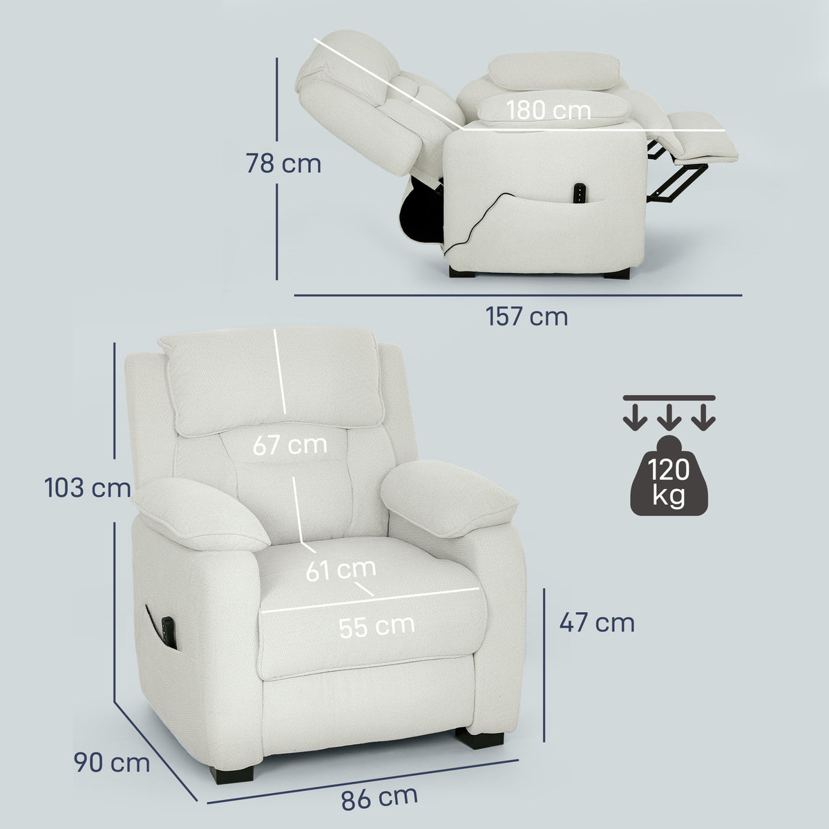 Fauteuil relax électrique fauteuil inclinable port USB repose-pieds poches latérales télécommande 86x90x103cm crème-2