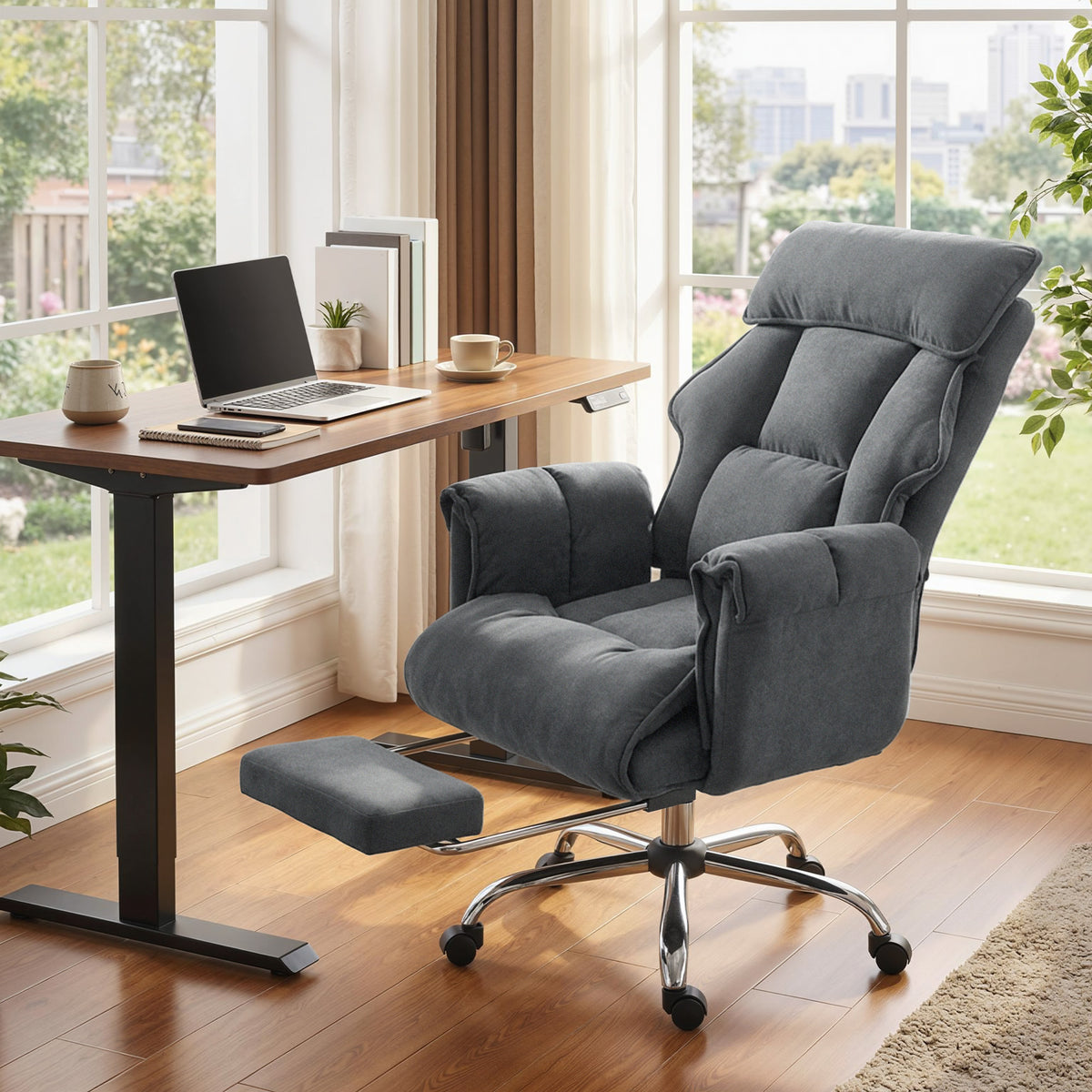 Chaise Bureau Ergonomique, Fauteuil de Bureau Inclinable, Hauteur Réglable, Appui-tête, Dossier Haut, Gris Foncé-1