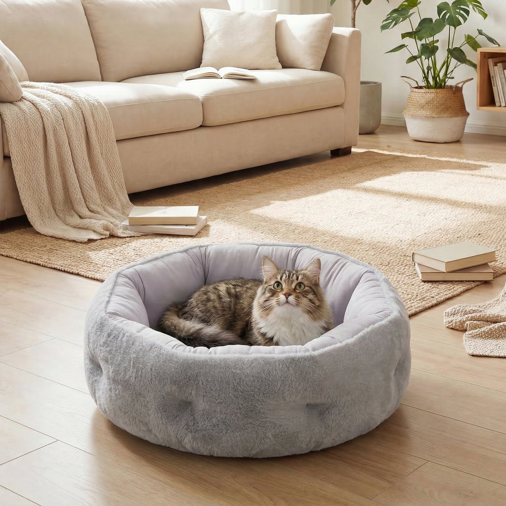 Lit pour chat réversible, lit pour chats d'intérieur et petits chiens, lit rond avec rebord de soutien, gris clair-9