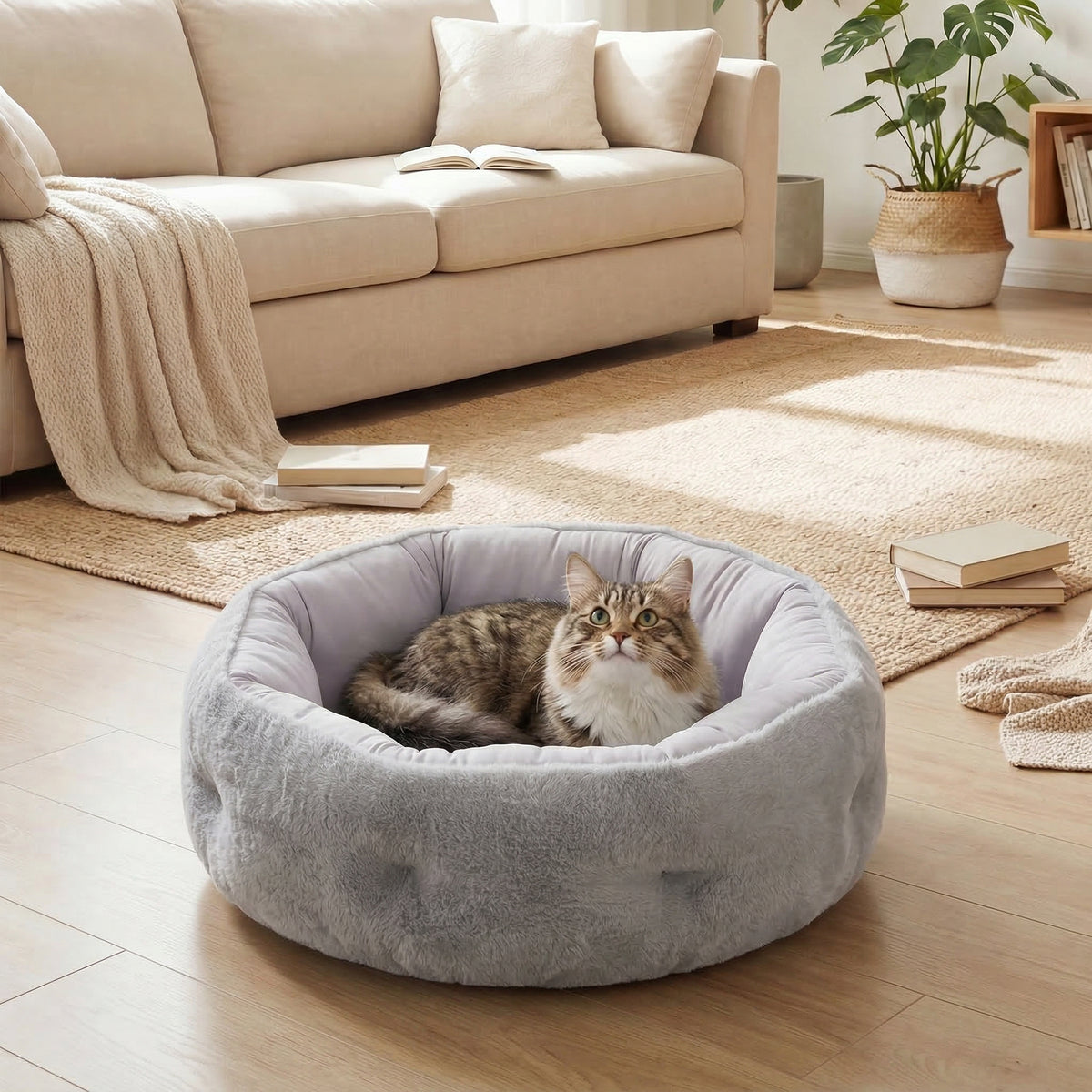 Lit pour chat réversible, lit pour chats d'intérieur et petits chiens, lit rond avec rebord de soutien, gris clair-9