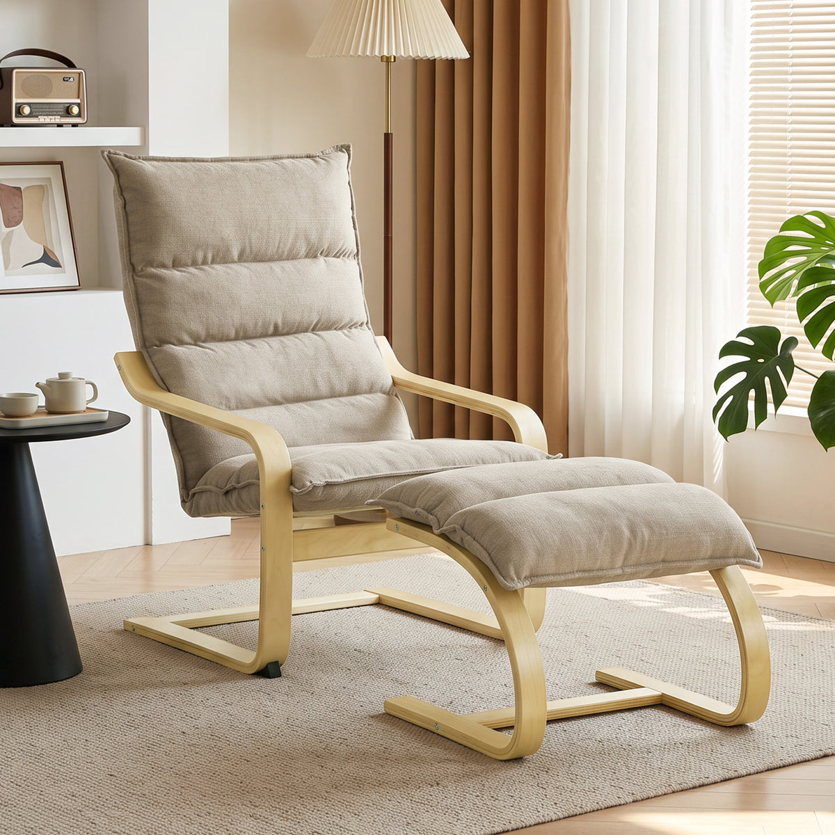 Fauteuil de Salon avec Repose-Pied, Fauteuil d'Appoint en Lin, Assise Large, Dossier Haut, Bascule Douce, Beige-1