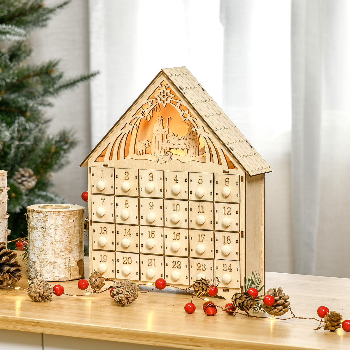 Calendario dell’Avvento in legno con 24 cassetti e presepe LED